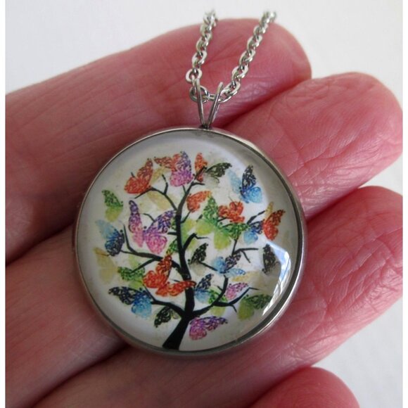 New Butterfly Tree Glass Dome Pendant Necklace 24" Stainless Chain Jewelry Gift - Picture 2 of 5